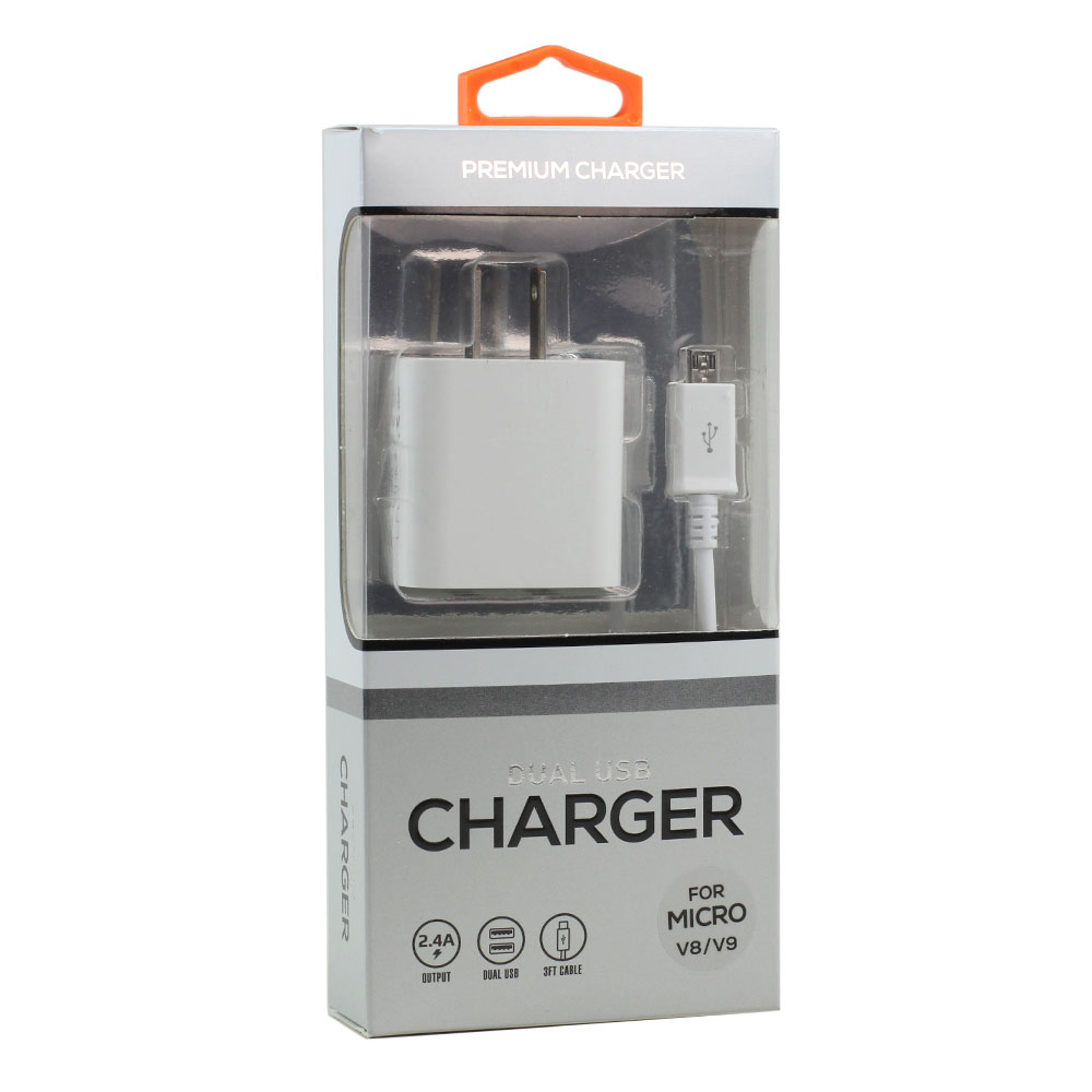 Micro V8V9 2.4A Dual 2 Port HouSe Wall Charger 2in1 with 3FT USB (Wall - White)